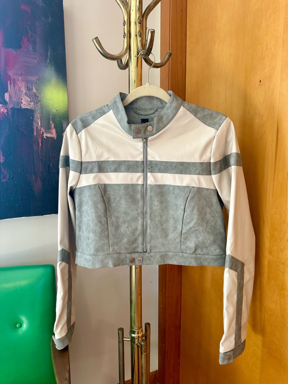 Windsor Gray and Ivory Colorblock Cropped Moto Jacket